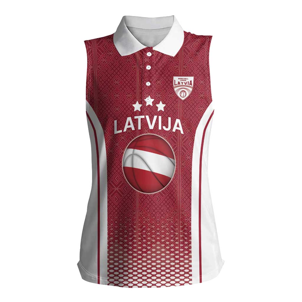 Latvia Basketball Custom Women Sleeveless Polo Shirt Red Latvian Pattern