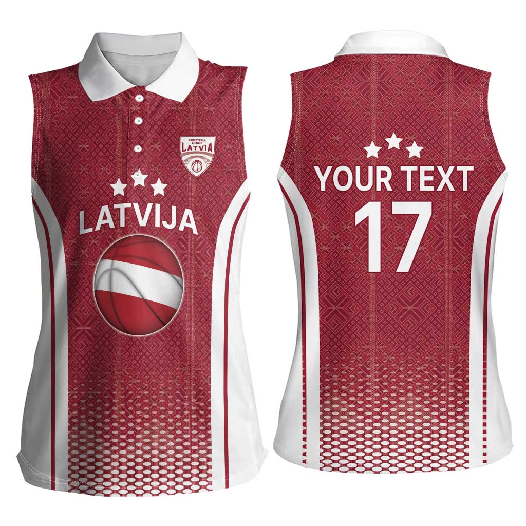 Latvia Basketball Custom Women Sleeveless Polo Shirt Red Latvian Pattern