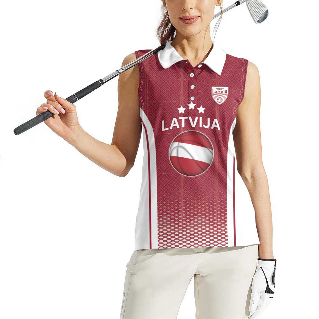 Latvia Basketball Custom Women Sleeveless Polo Shirt Red Latvian Pattern