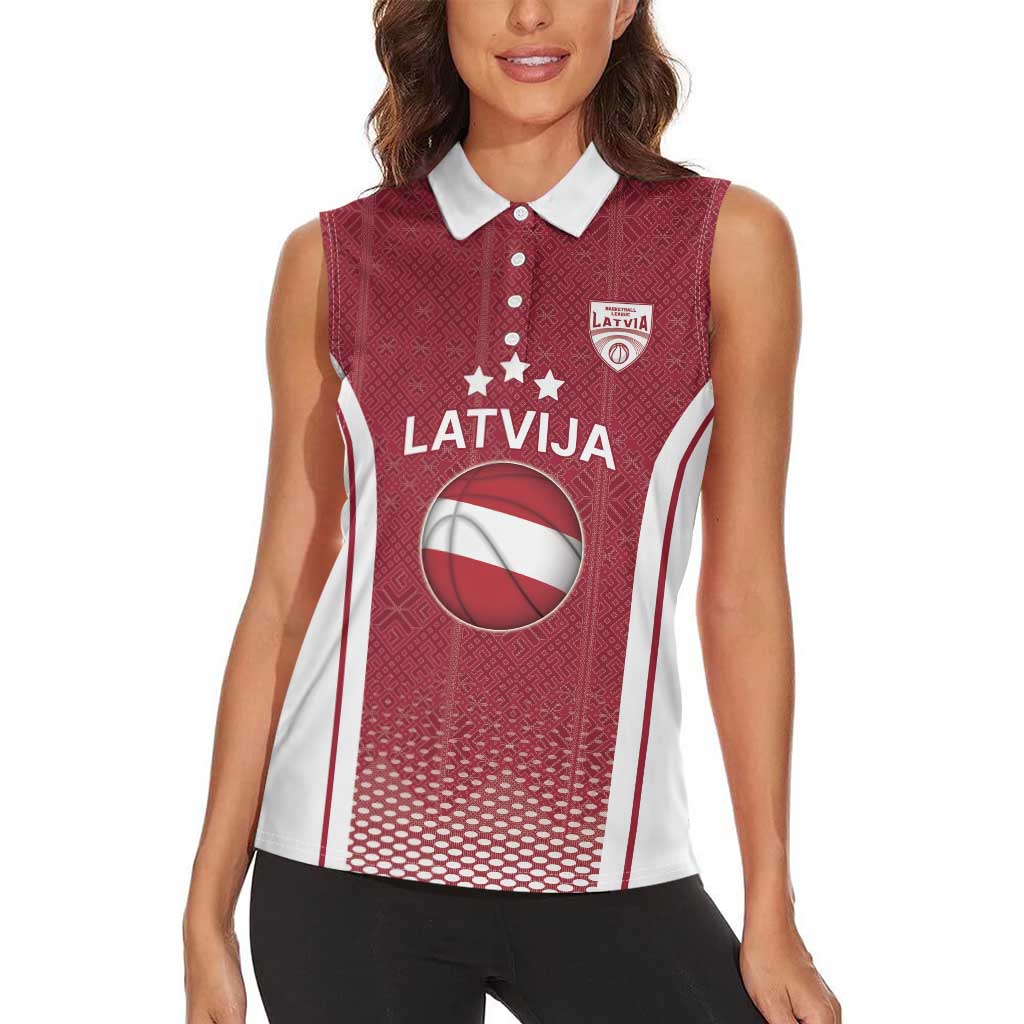 Latvia Basketball Custom Women Sleeveless Polo Shirt Red Latvian Pattern