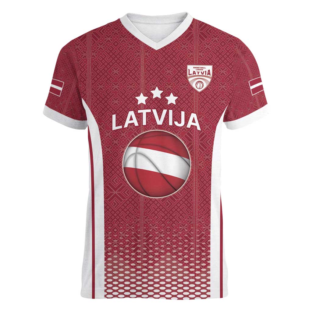 Latvia Basketball Custom Women V-Neck T-Shirt Red Latvian Pattern