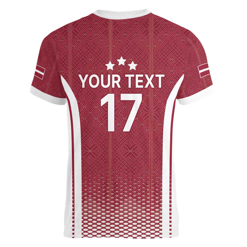 Latvia Basketball Custom Women V-Neck T-Shirt Red Latvian Pattern