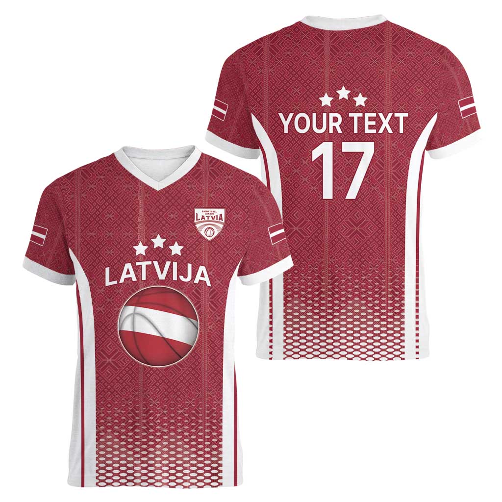 Latvia Basketball Custom Women V-Neck T-Shirt Red Latvian Pattern