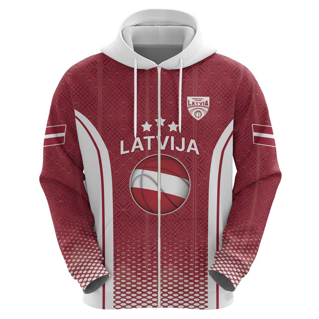 Latvia Basketball Custom Zip Hoodie Red Latvian Pattern