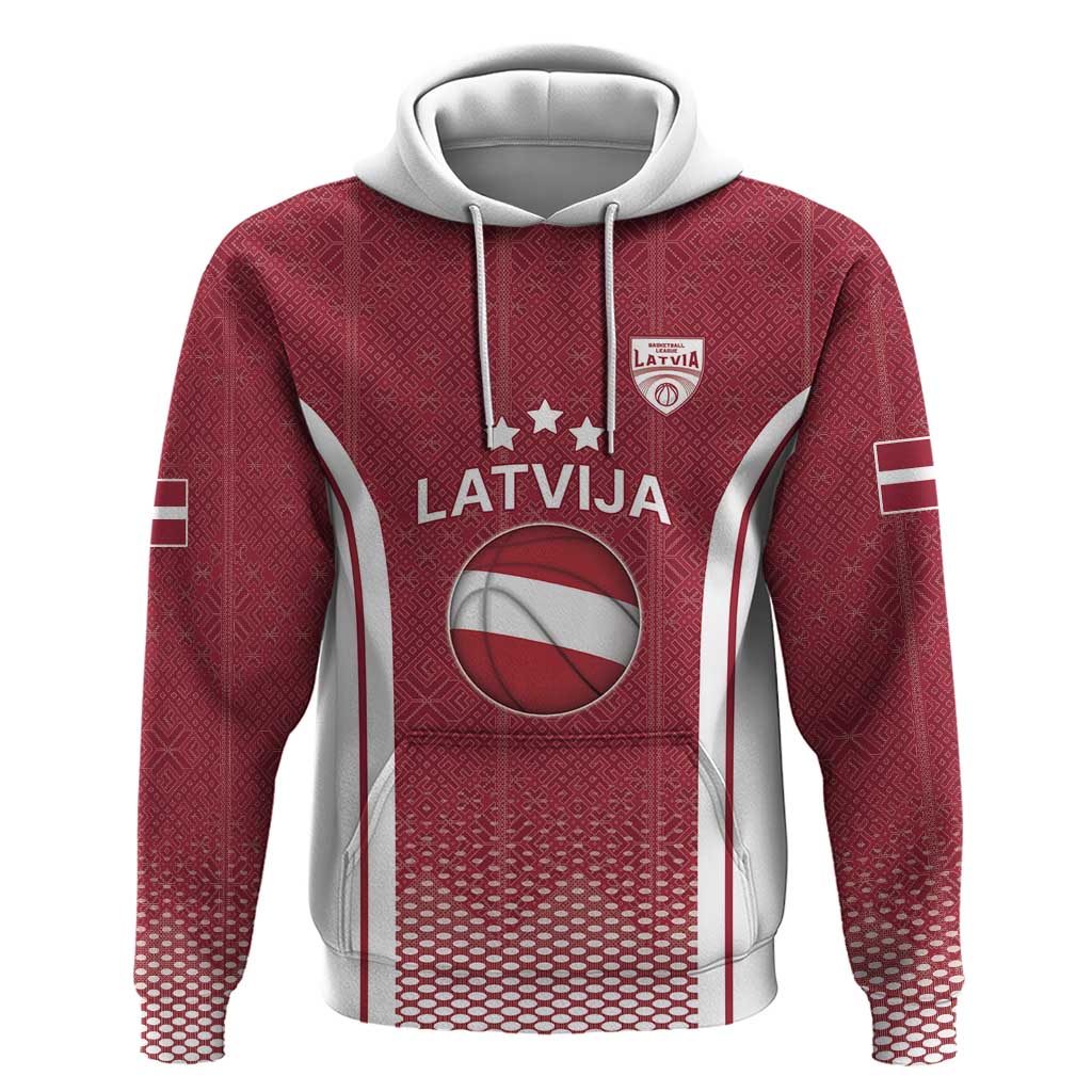 Latvia Basketball Custom Zip Hoodie Red Latvian Pattern