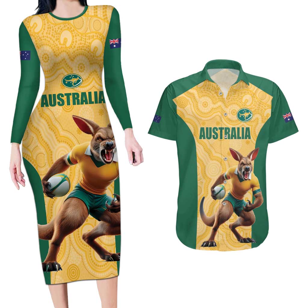 Custom Australia Rugby Couples Matching Long Sleeve Bodycon Dress and Hawaiian Shirt Kangaroo Mascot