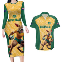 Custom Australia Rugby Couples Matching Long Sleeve Bodycon Dress and Hawaiian Shirt Kangaroo Mascot