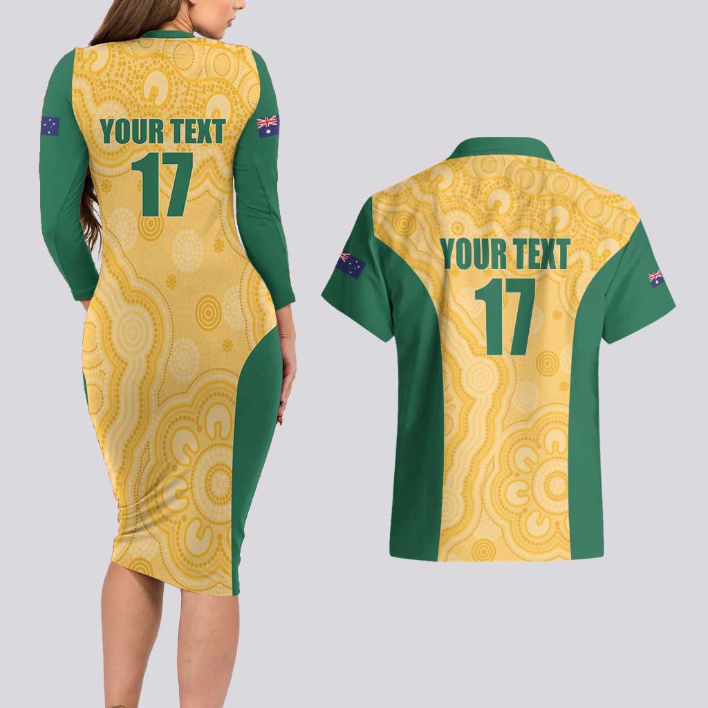 Custom Australia Rugby Couples Matching Long Sleeve Bodycon Dress and Hawaiian Shirt Kangaroo Mascot