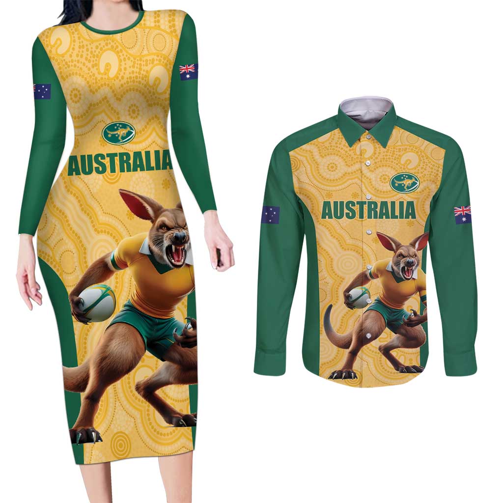 Custom Australia Rugby Couples Matching Long Sleeve Bodycon Dress and Long Sleeve Button Shirt Kangaroo Mascot