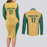 Custom Australia Rugby Couples Matching Long Sleeve Bodycon Dress and Long Sleeve Button Shirt Kangaroo Mascot