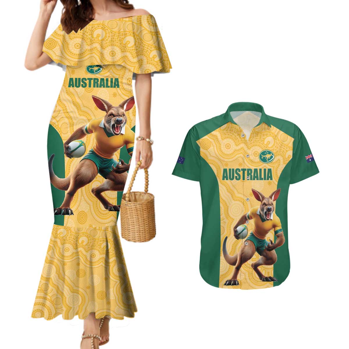 Custom Australia Rugby Couples Matching Mermaid Dress and Hawaiian Shirt Kangaroo Mascot