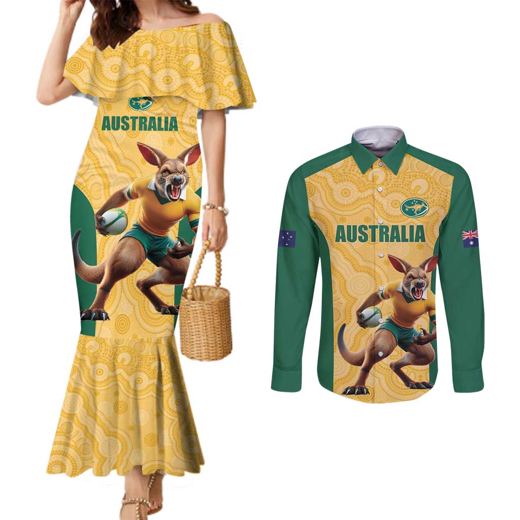 Custom Australia Rugby Couples Matching Mermaid Dress and Long Sleeve Button Shirt Kangaroo Mascot