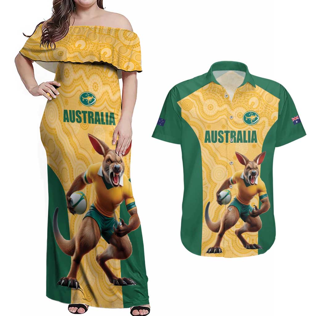 Custom Australia Rugby Couples Matching Off Shoulder Maxi Dress and Hawaiian Shirt Kangaroo Mascot