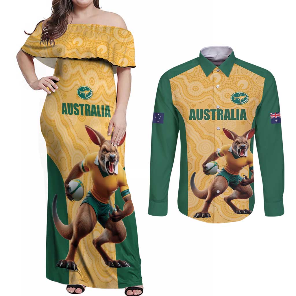 Custom Australia Rugby Couples Matching Off Shoulder Maxi Dress and Long Sleeve Button Shirt Kangaroo Mascot