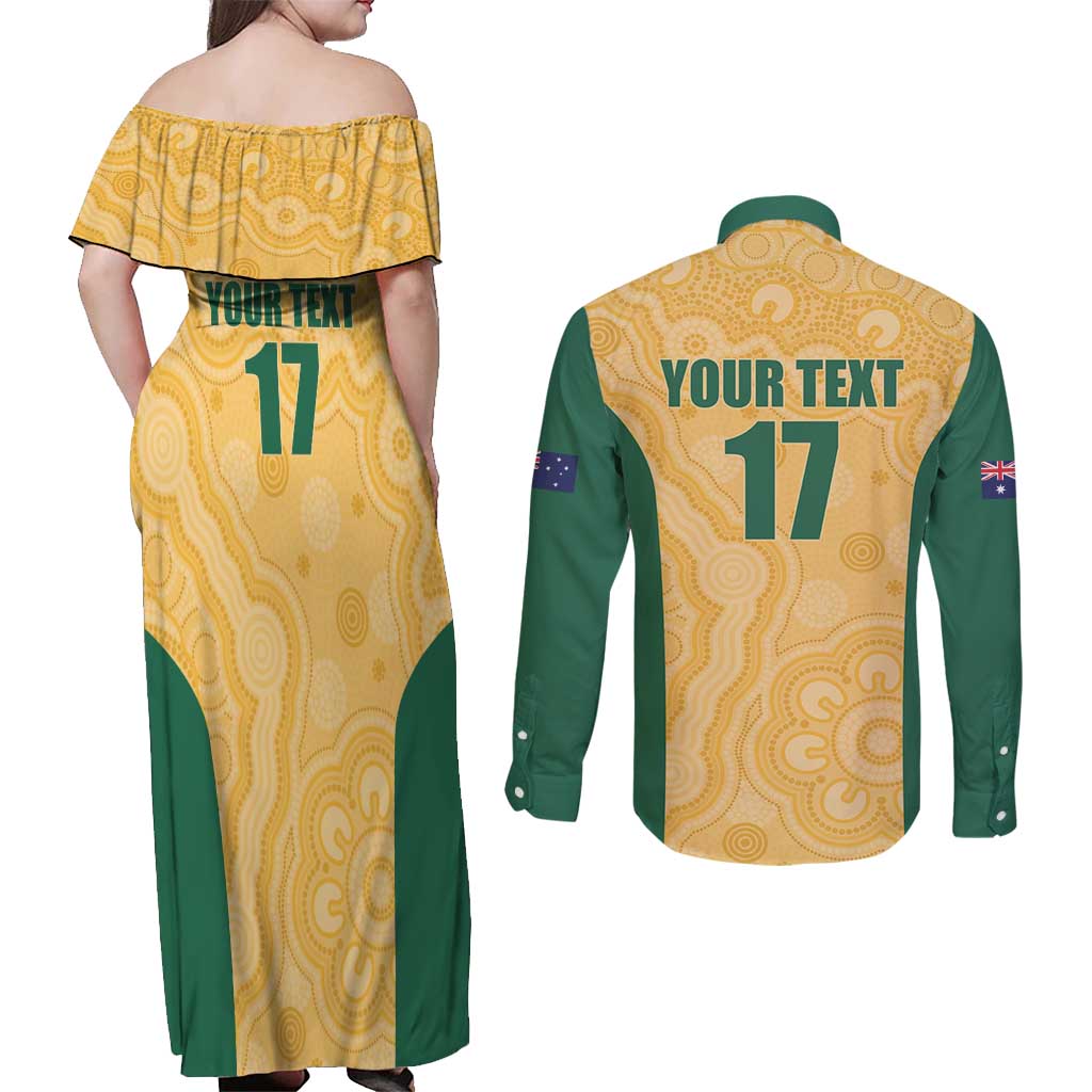 Custom Australia Rugby Couples Matching Off Shoulder Maxi Dress and Long Sleeve Button Shirt Kangaroo Mascot