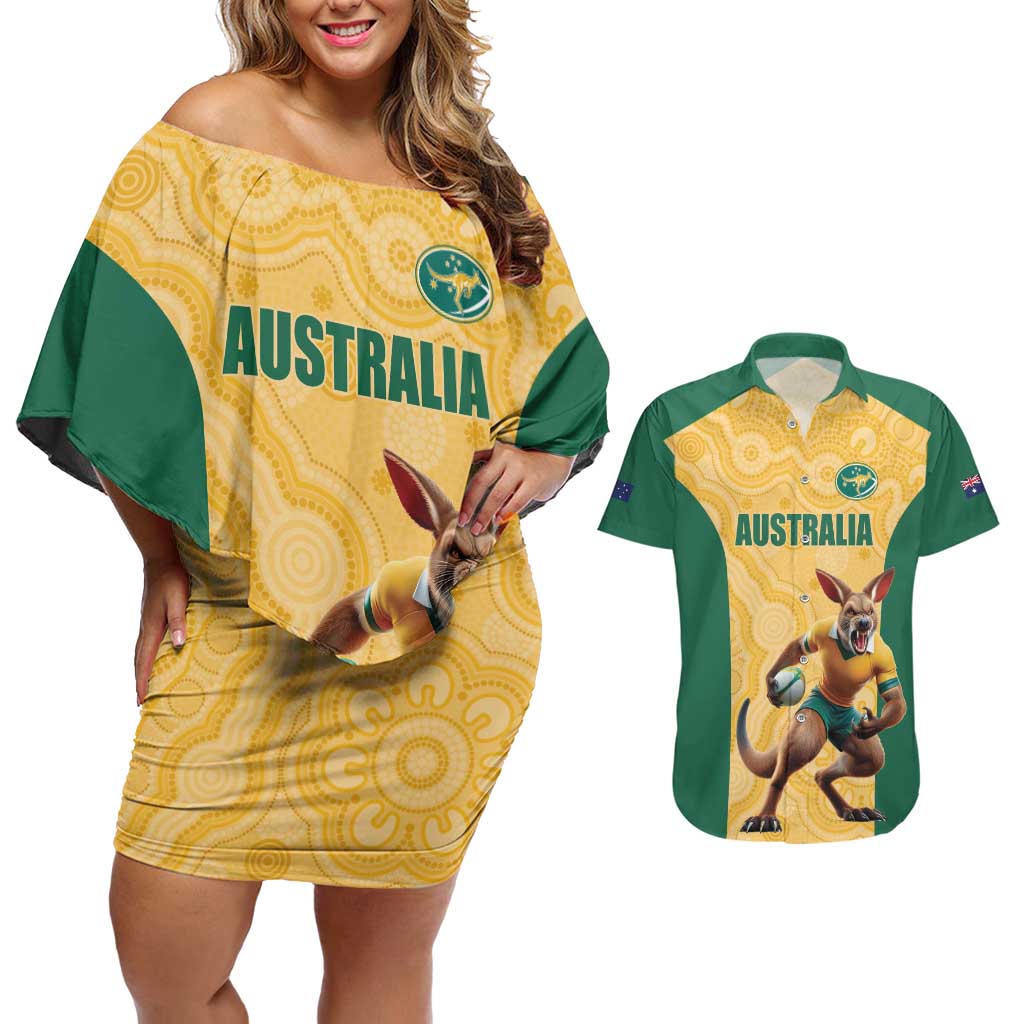 Custom Australia Rugby Couples Matching Off Shoulder Short Dress and Hawaiian Shirt Kangaroo Mascot
