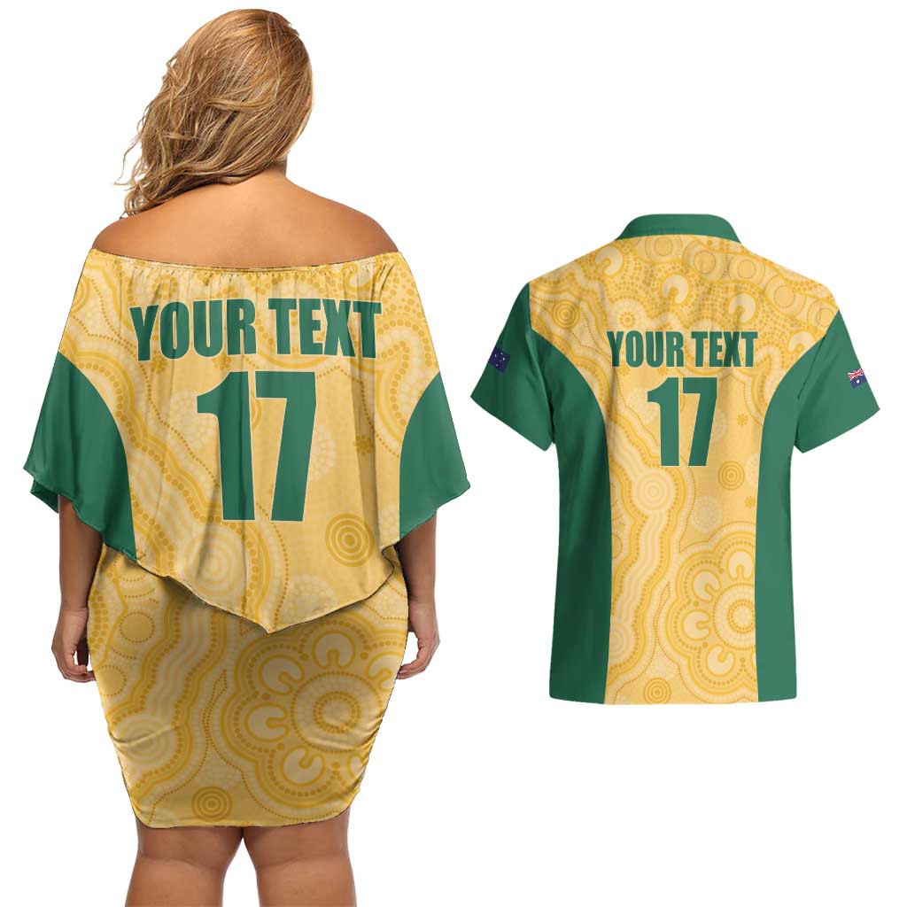 Custom Australia Rugby Couples Matching Off Shoulder Short Dress and Hawaiian Shirt Kangaroo Mascot