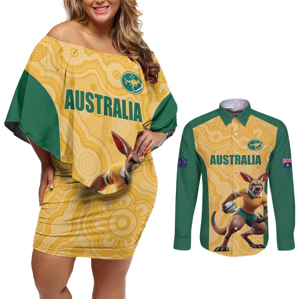 Custom Australia Rugby Couples Matching Off Shoulder Short Dress and Long Sleeve Button Shirt Kangaroo Mascot