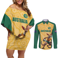 Custom Australia Rugby Couples Matching Off Shoulder Short Dress and Long Sleeve Button Shirt Kangaroo Mascot