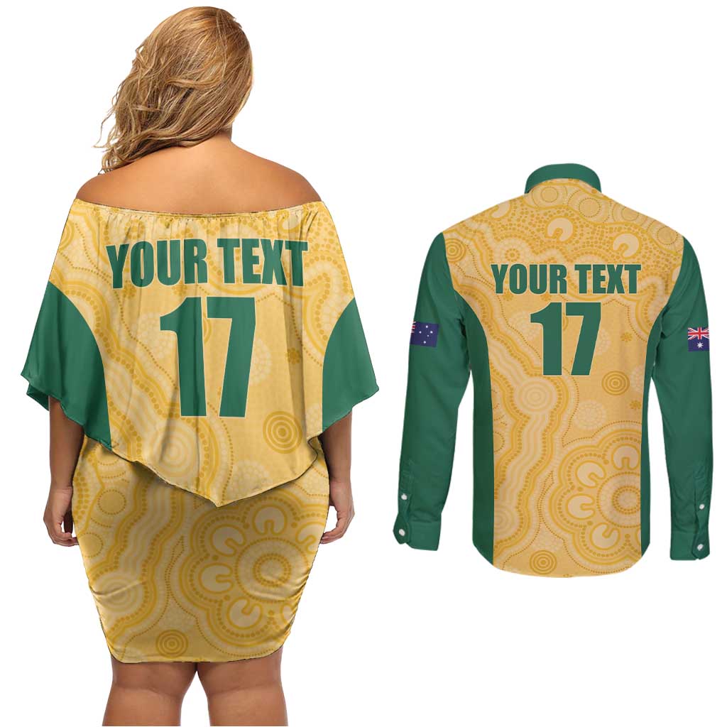 Custom Australia Rugby Couples Matching Off Shoulder Short Dress and Long Sleeve Button Shirt Kangaroo Mascot