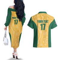 Custom Australia Rugby Couples Matching Off The Shoulder Long Sleeve Dress and Hawaiian Shirt Kangaroo Mascot