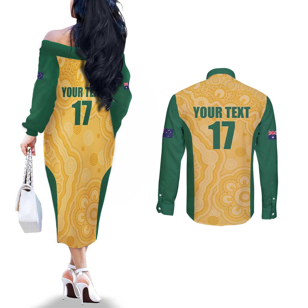 Custom Australia Rugby Couples Matching Off The Shoulder Long Sleeve Dress and Long Sleeve Button Shirt Kangaroo Mascot
