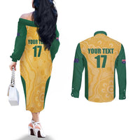 Custom Australia Rugby Couples Matching Off The Shoulder Long Sleeve Dress and Long Sleeve Button Shirt Kangaroo Mascot