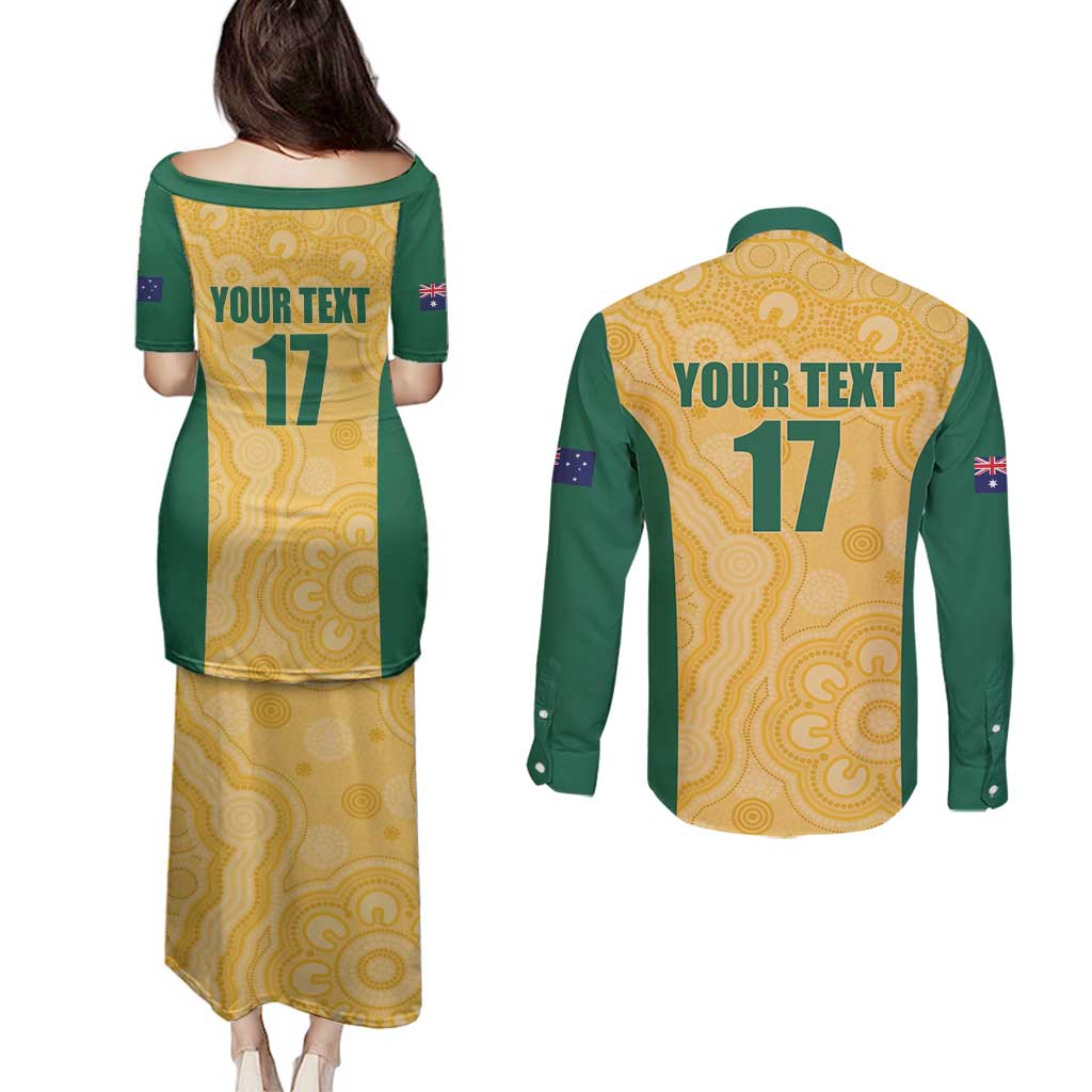 Custom Australia Rugby Couples Matching Puletasi and Long Sleeve Button Shirt Kangaroo Mascot