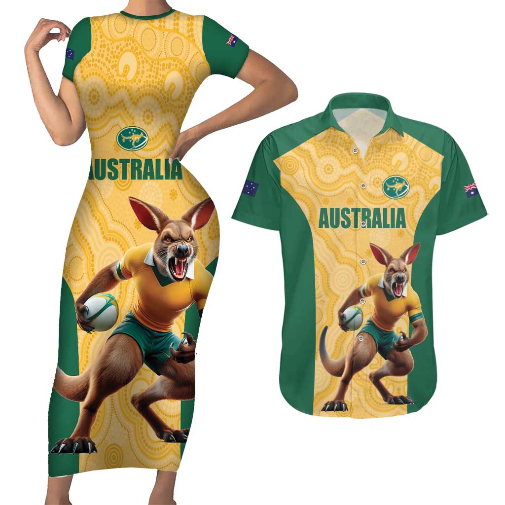 Custom Australia Rugby Couples Matching Short Sleeve Bodycon Dress and Hawaiian Shirt Kangaroo Mascot