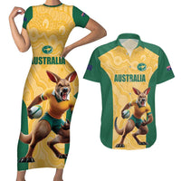 Custom Australia Rugby Couples Matching Short Sleeve Bodycon Dress and Hawaiian Shirt Kangaroo Mascot