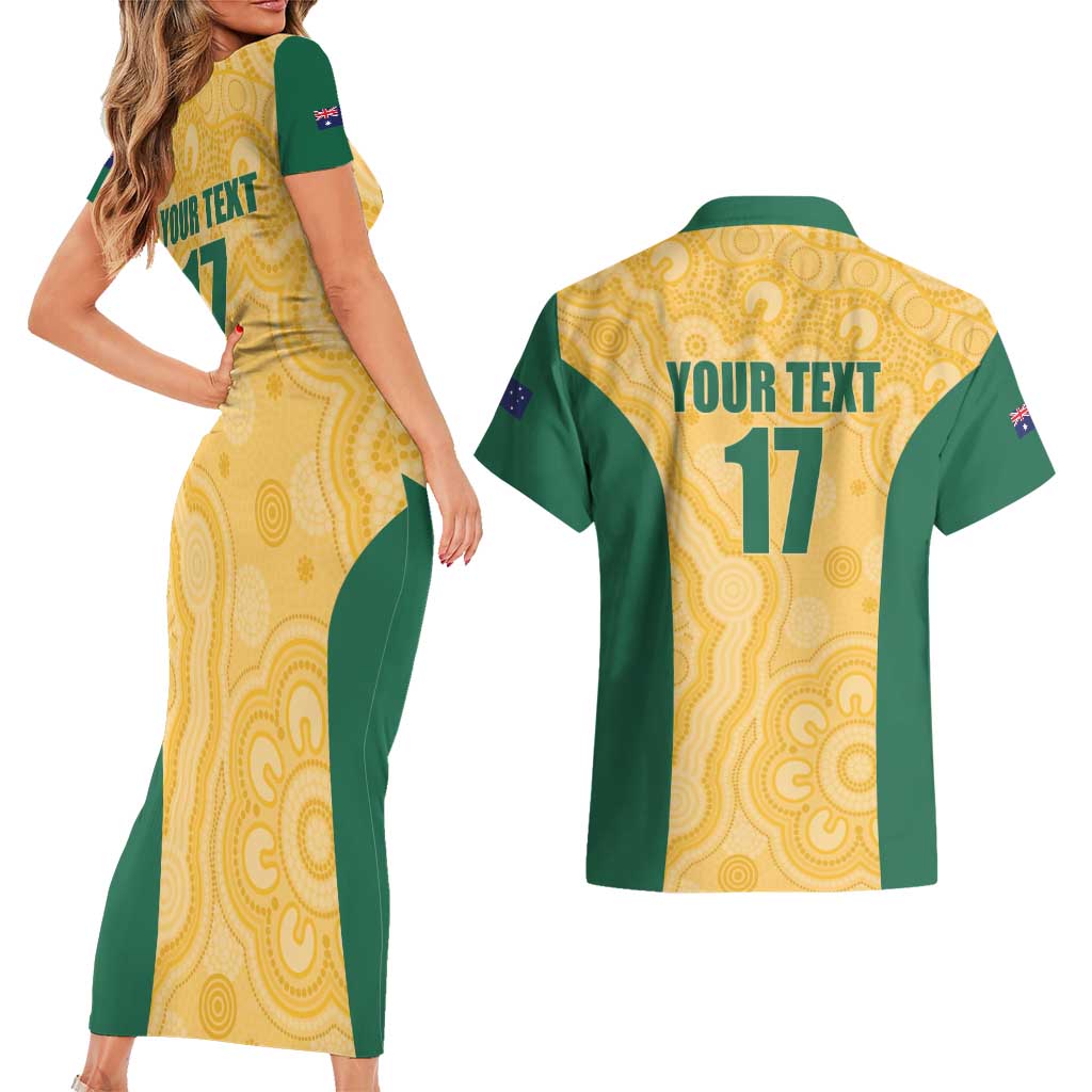 Custom Australia Rugby Couples Matching Short Sleeve Bodycon Dress and Hawaiian Shirt Kangaroo Mascot