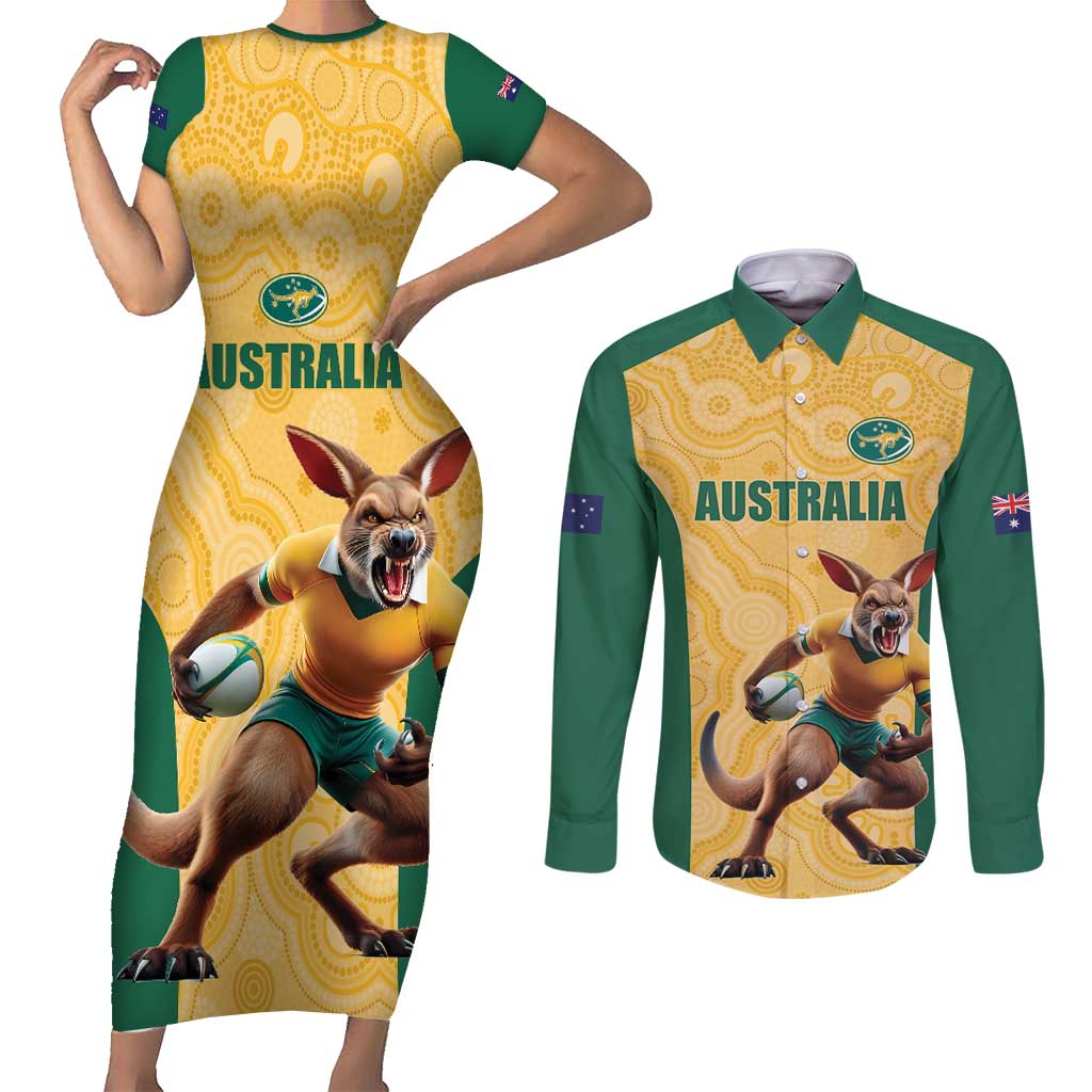 Custom Australia Rugby Couples Matching Short Sleeve Bodycon Dress and Long Sleeve Button Shirt Kangaroo Mascot