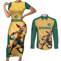 Custom Australia Rugby Couples Matching Short Sleeve Bodycon Dress and Long Sleeve Button Shirt Kangaroo Mascot