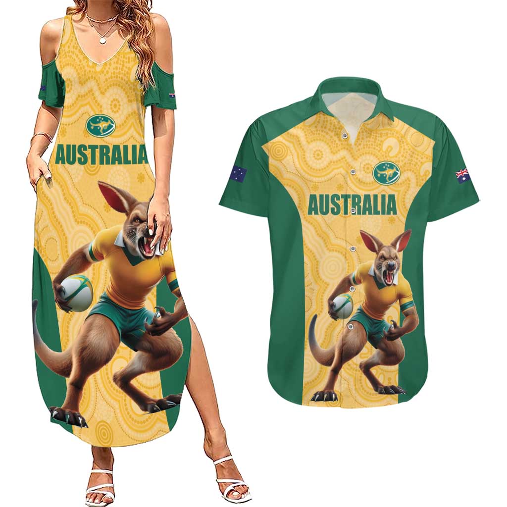 Custom Australia Rugby Couples Matching Summer Maxi Dress and Hawaiian Shirt Kangaroo Mascot