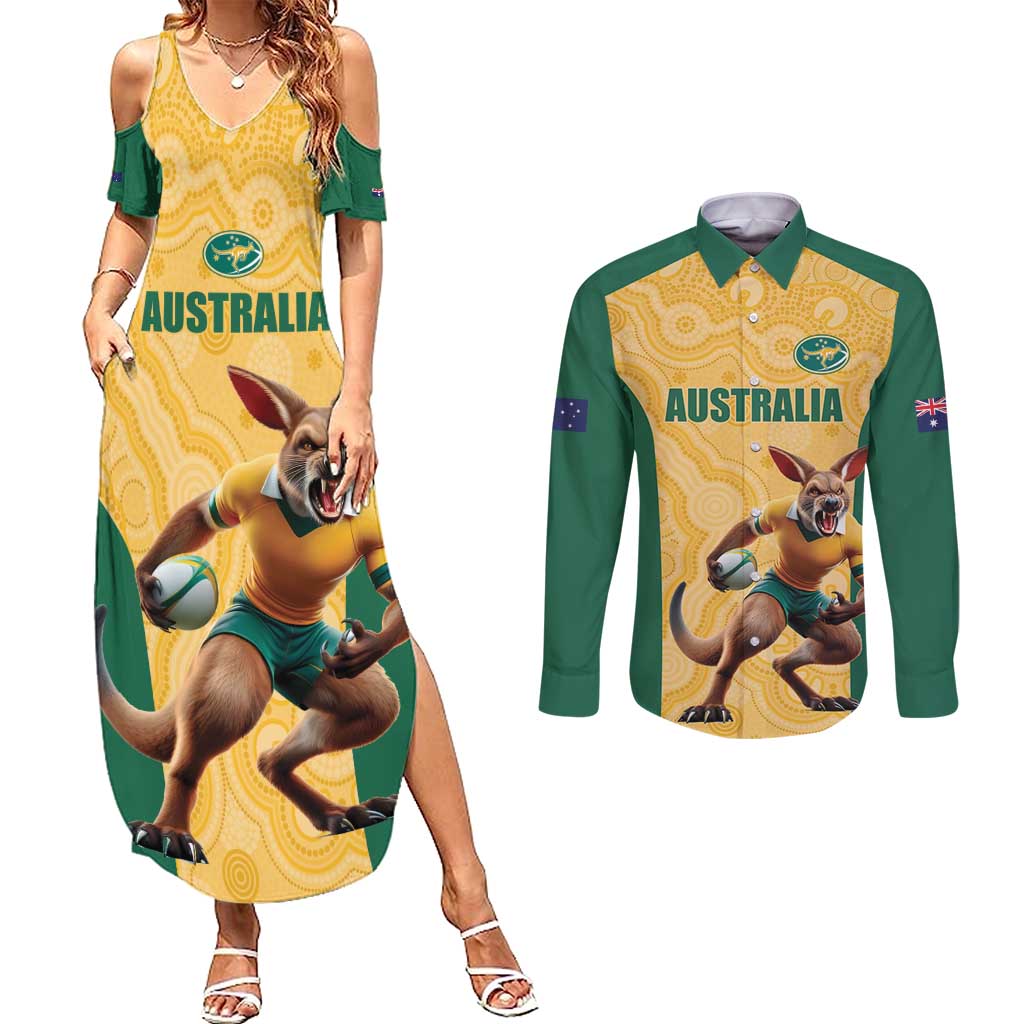 Custom Australia Rugby Couples Matching Summer Maxi Dress and Long Sleeve Button Shirt Kangaroo Mascot