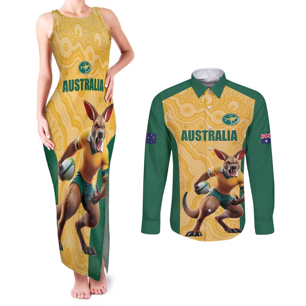Custom Australia Rugby Couples Matching Tank Maxi Dress and Long Sleeve Button Shirt Kangaroo Mascot