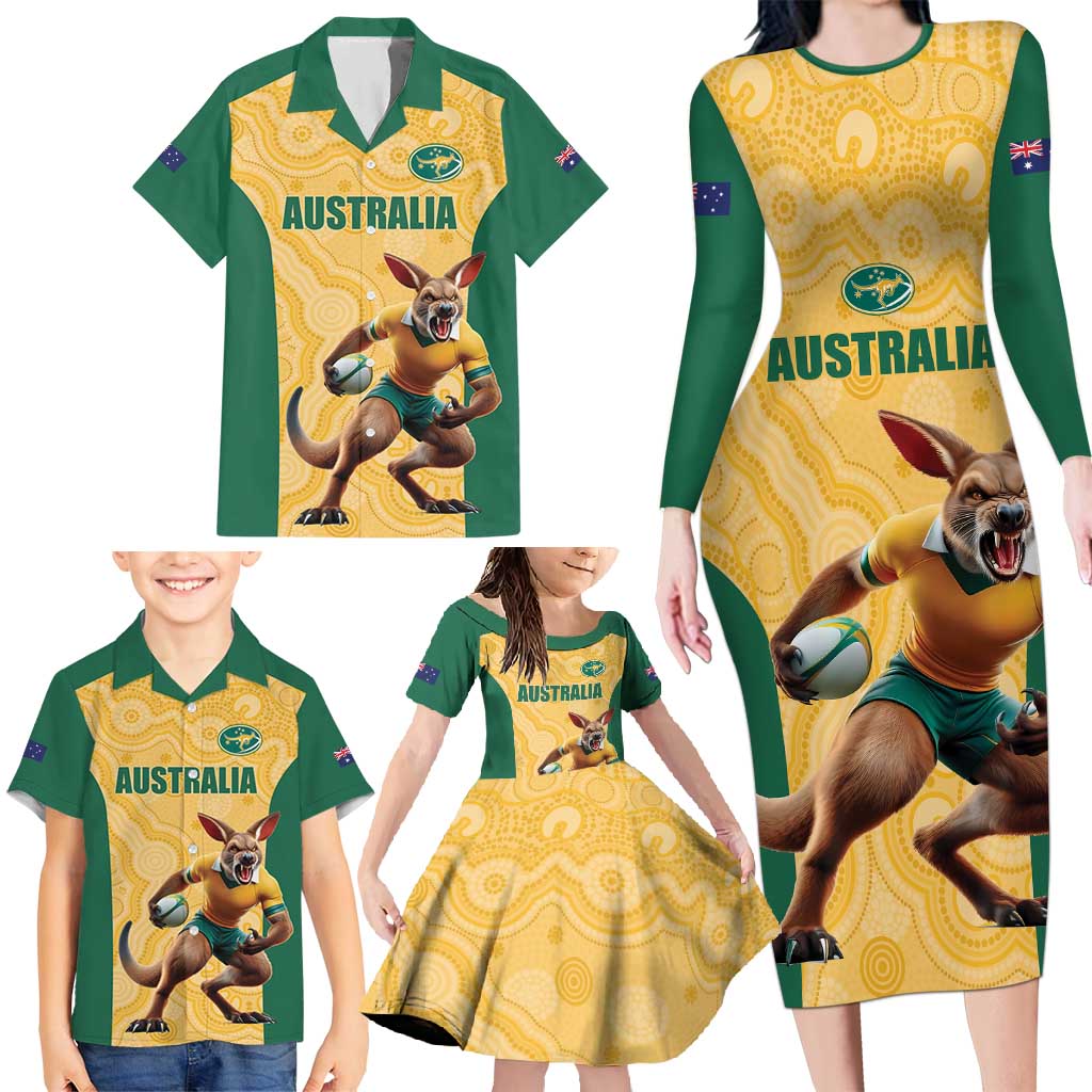 Custom Australia Rugby Family Matching Long Sleeve Bodycon Dress and Hawaiian Shirt Kangaroo Mascot