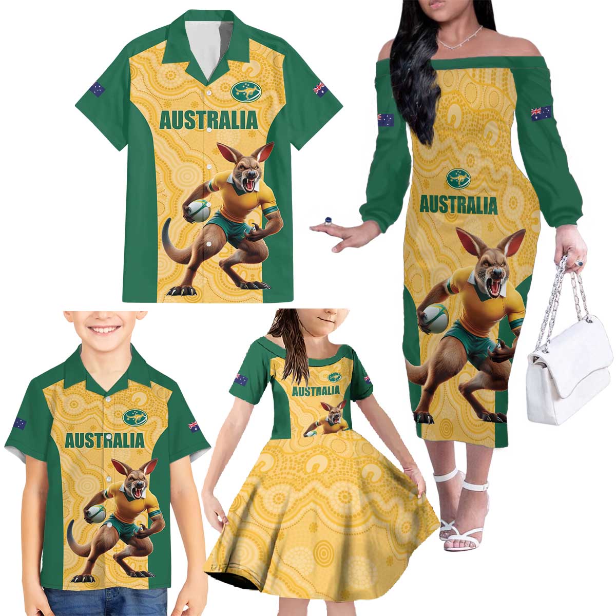 Custom Australia Rugby Family Matching Off The Shoulder Long Sleeve Dress and Hawaiian Shirt Kangaroo Mascot
