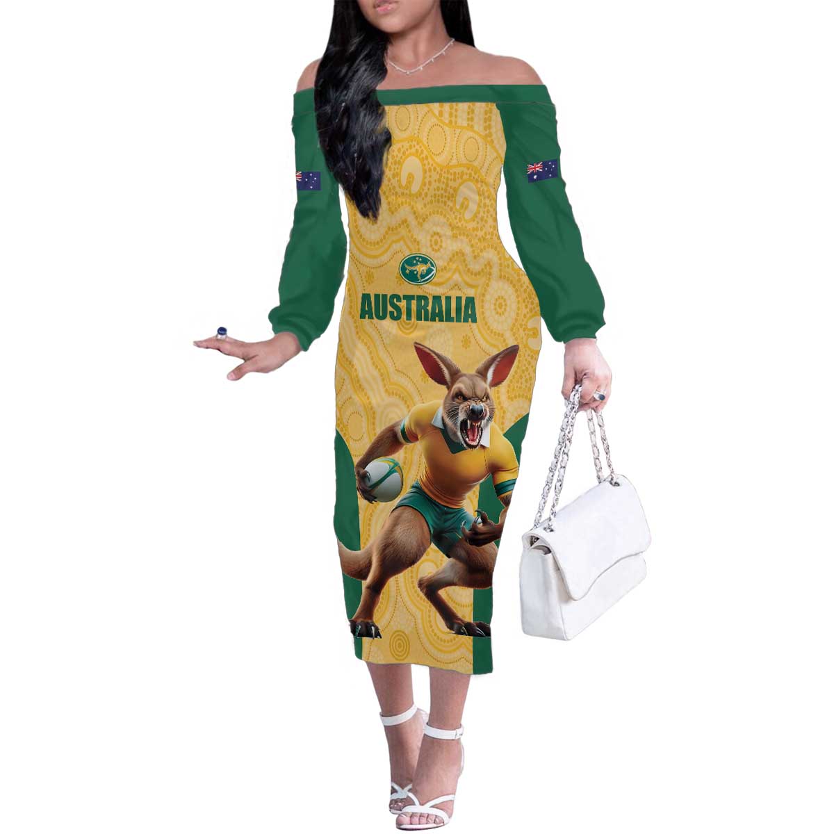 Custom Australia Rugby Family Matching Off The Shoulder Long Sleeve Dress and Hawaiian Shirt Kangaroo Mascot