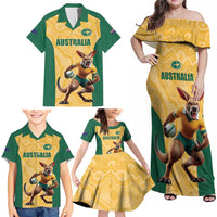 Custom Australia Rugby Family Matching Off Shoulder Maxi Dress and Hawaiian Shirt Kangaroo Mascot