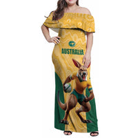 Custom Australia Rugby Family Matching Off Shoulder Maxi Dress and Hawaiian Shirt Kangaroo Mascot