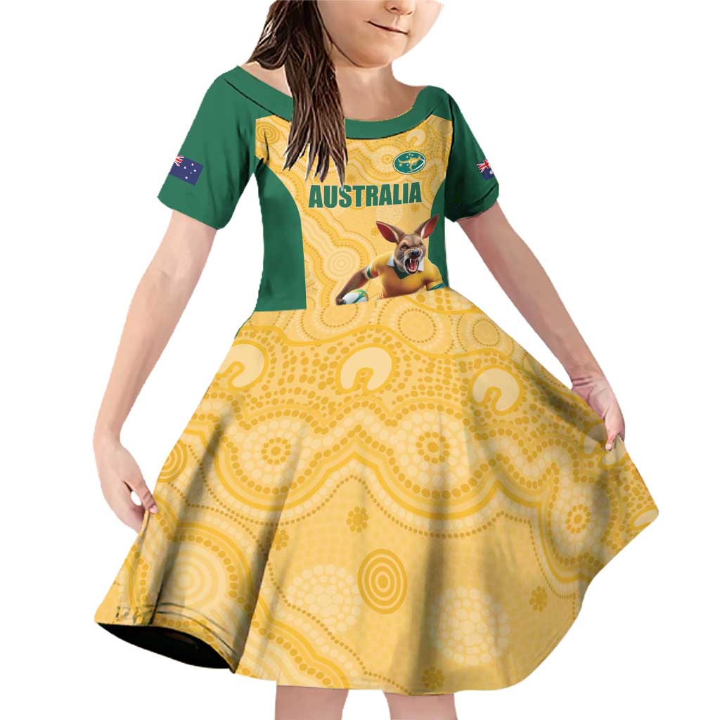 Custom Australia Rugby Family Matching Off Shoulder Short Dress and Hawaiian Shirt Kangaroo Mascot