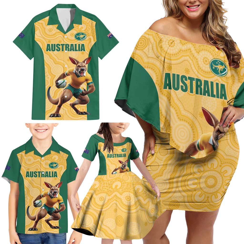 Custom Australia Rugby Family Matching Off Shoulder Short Dress and Hawaiian Shirt Kangaroo Mascot