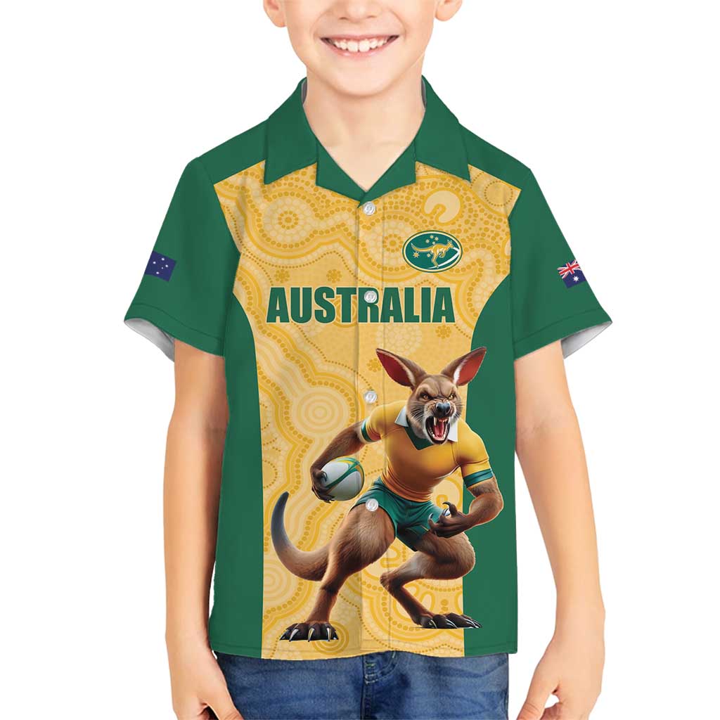 Custom Australia Rugby Family Matching Off Shoulder Short Dress and Hawaiian Shirt Kangaroo Mascot