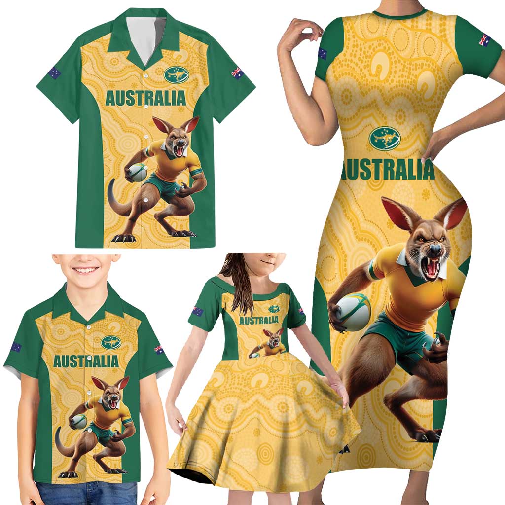 Custom Australia Rugby Family Matching Short Sleeve Bodycon Dress and Hawaiian Shirt Kangaroo Mascot