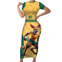 Custom Australia Rugby Family Matching Short Sleeve Bodycon Dress and Hawaiian Shirt Kangaroo Mascot