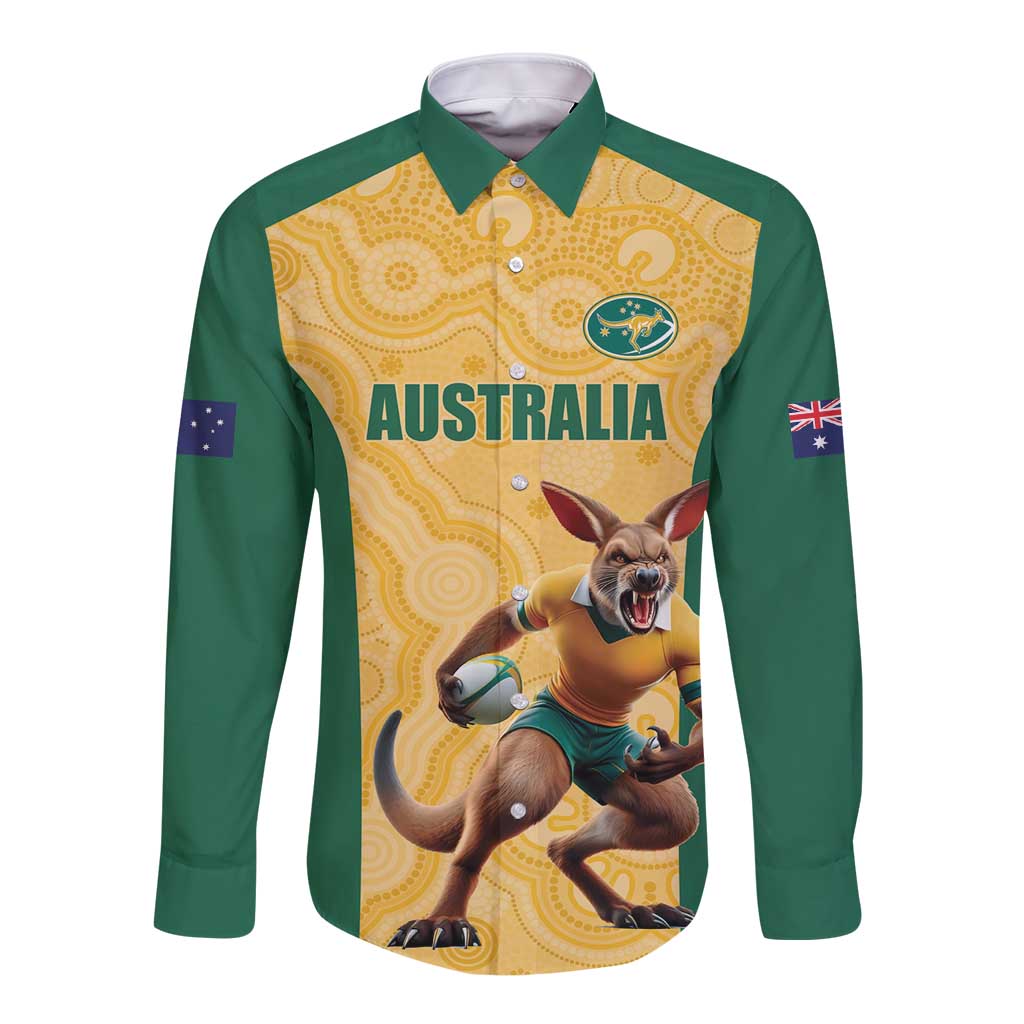 Custom Australia Rugby Long Sleeve Button Shirt Kangaroo Mascot