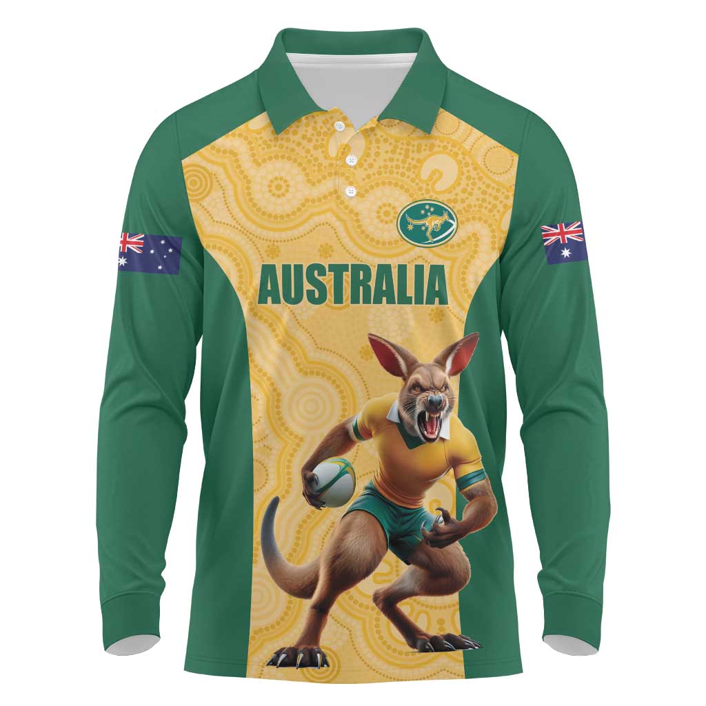 Custom Australia Rugby Long Sleeve Polo Shirt Kangaroo Mascot