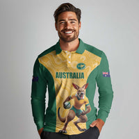 Custom Australia Rugby Long Sleeve Polo Shirt Kangaroo Mascot