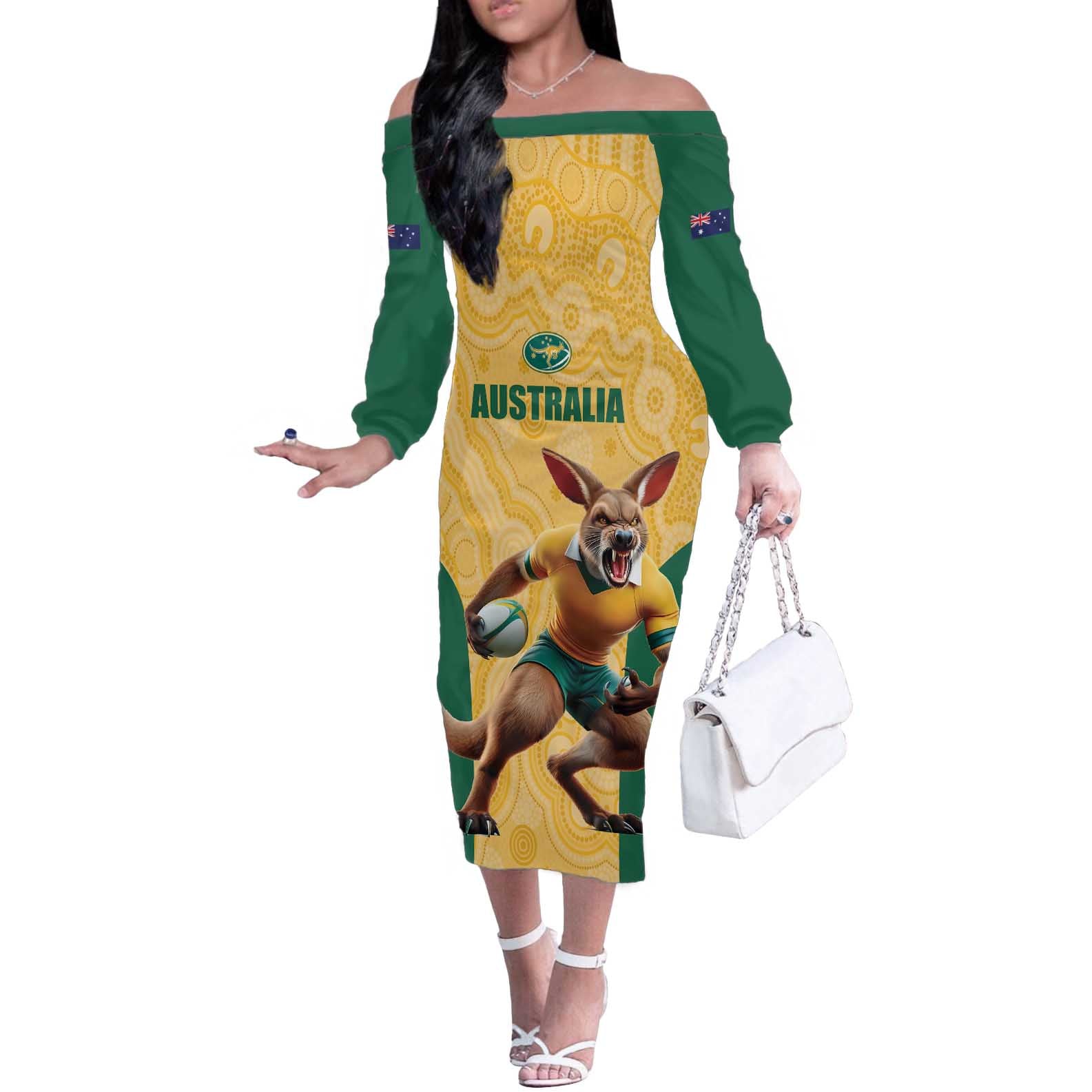 Custom Australia Rugby Off The Shoulder Long Sleeve Dress Kangaroo Mascot
